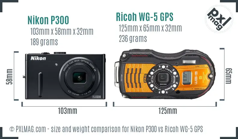 Nikon P300 vs Ricoh WG-5 GPS size comparison Nikon P300 vs Ricoh WG-5 GPS size comparison