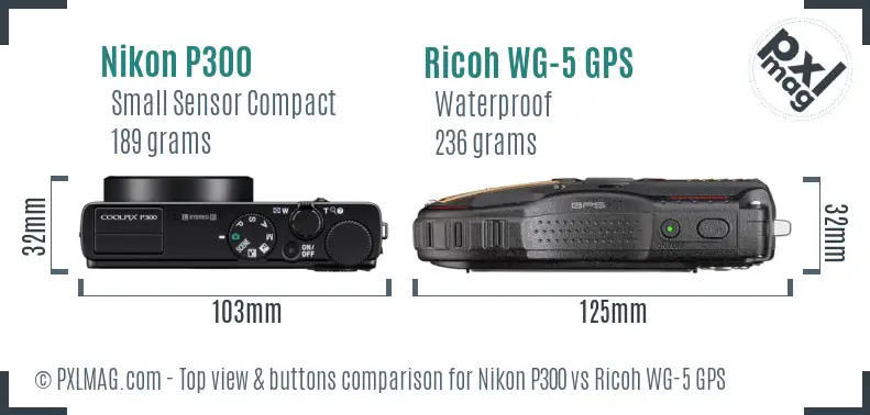 Nikon P300 vs Ricoh WG-5 GPS top view buttons comparison