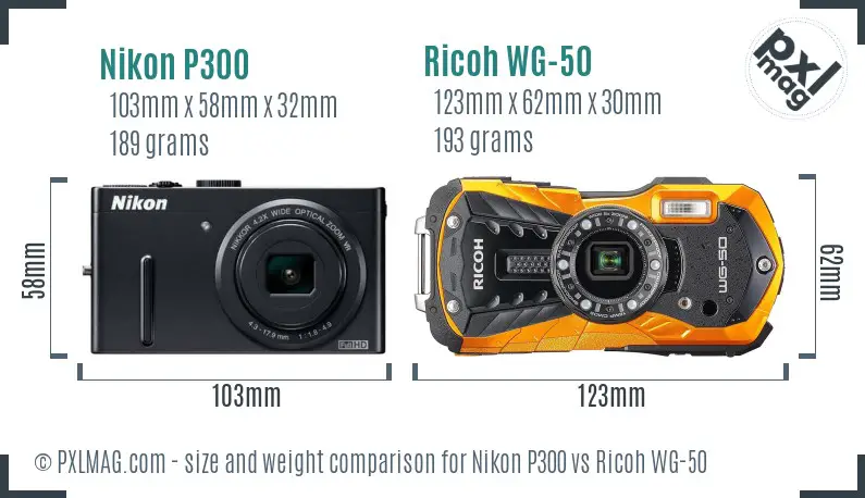 Nikon P300 vs Ricoh WG-50 size comparison Nikon P300 vs Ricoh WG-50 size comparison