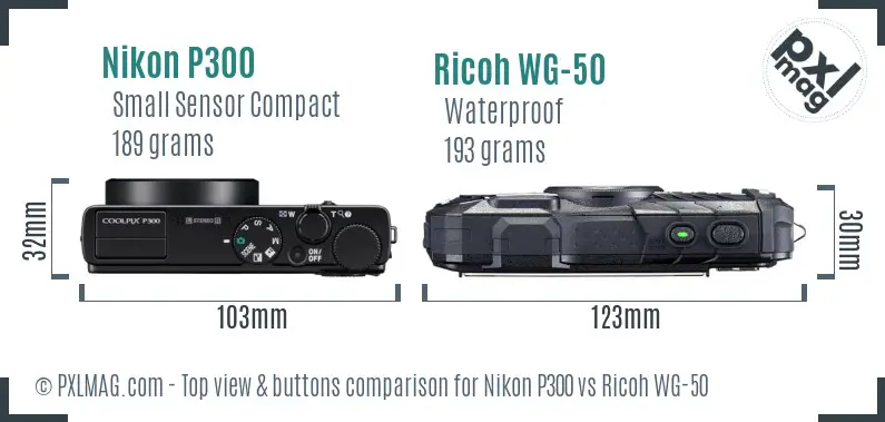 Nikon P300 vs Ricoh WG-50 top view buttons comparison Nikon P300 vs Ricoh WG-50 top view buttons comparison