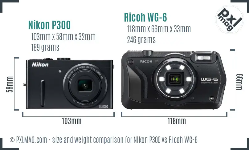 Nikon P300 vs Ricoh WG-6 size comparison