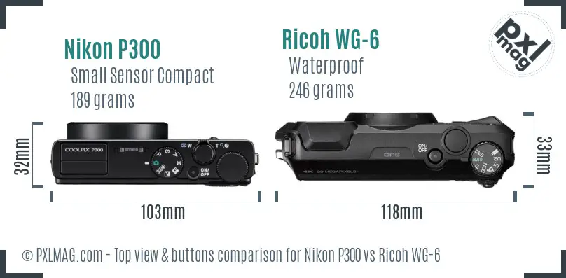 Nikon P300 vs Ricoh WG-6 top view buttons comparison