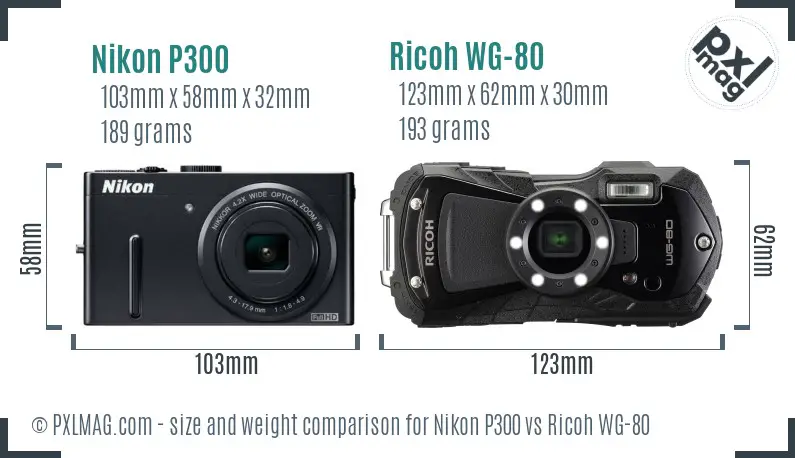 Nikon P300 vs Ricoh WG-80 size comparison