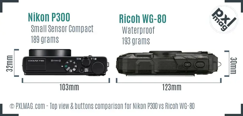 Nikon P300 vs Ricoh WG-80 top view buttons comparison