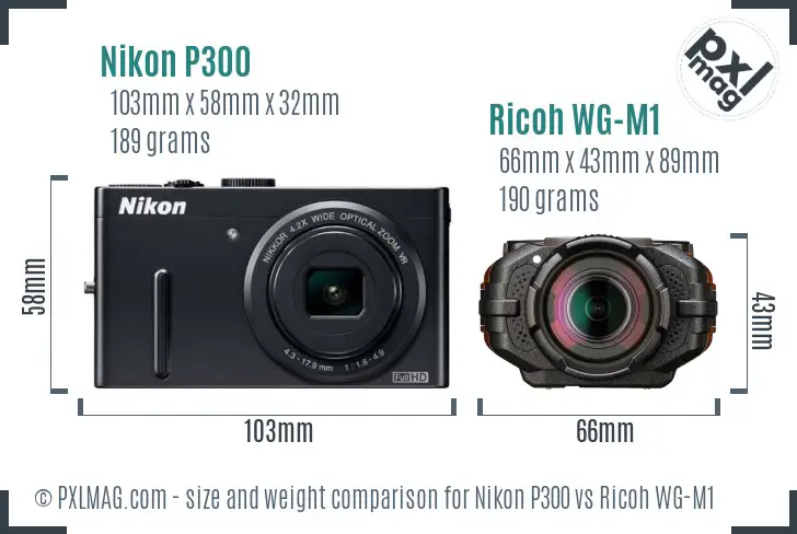 Nikon P300 vs Ricoh WG-M1 size comparison