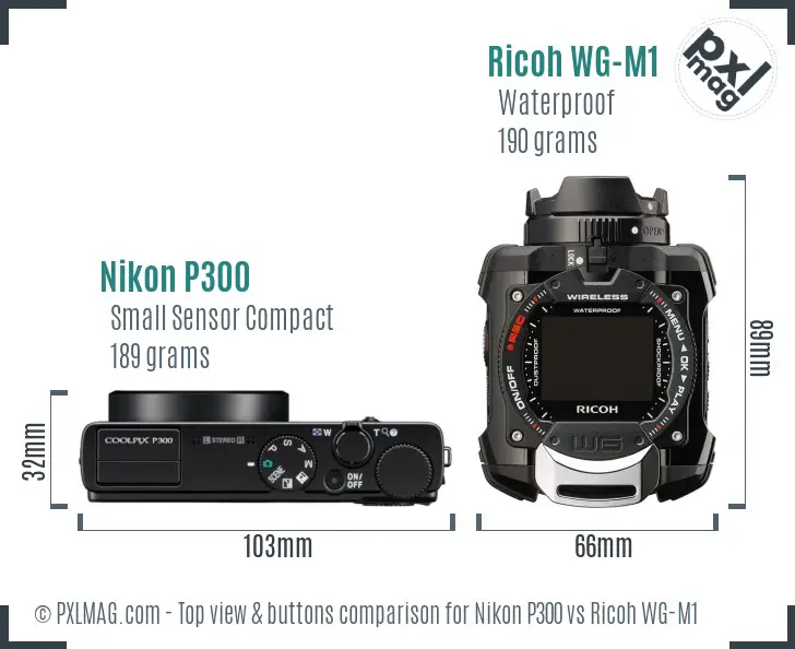 Nikon P300 vs Ricoh WG-M1 top view buttons comparison