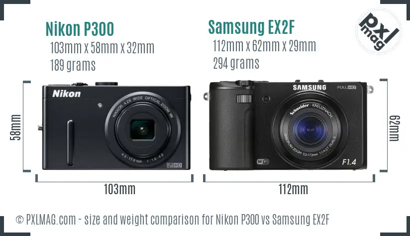 Nikon P300 vs Samsung EX2F size comparison