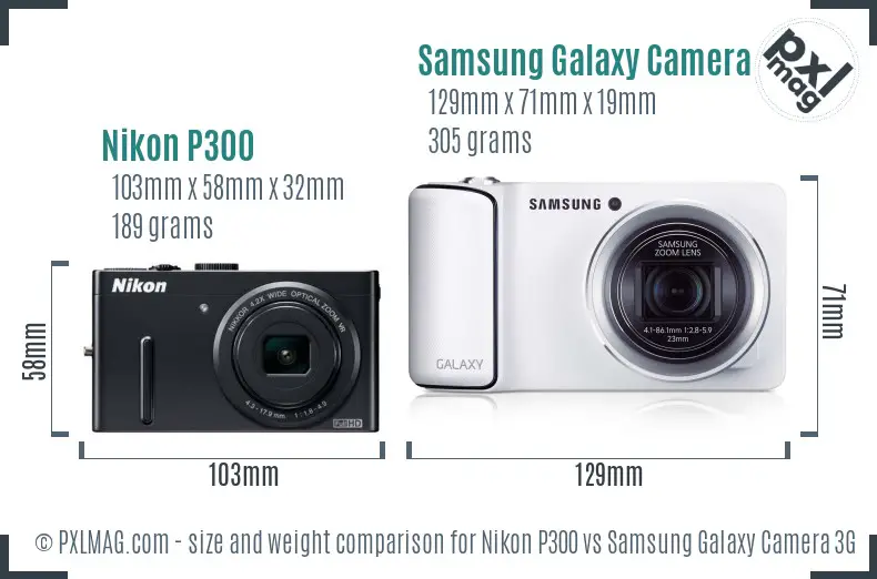 Nikon P300 vs Samsung Galaxy Camera 3G size comparison
