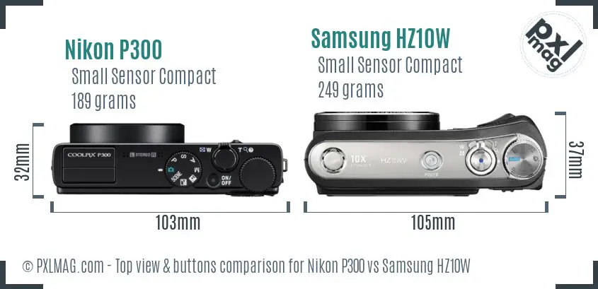 Nikon P300 vs Samsung HZ10W top view buttons comparison Nikon P300 vs Samsung HZ10W top view buttons comparison
