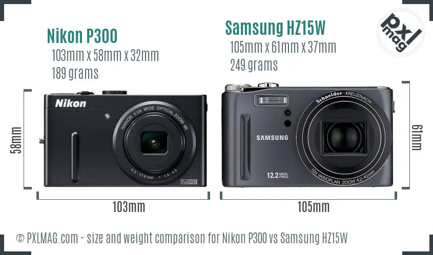 Nikon P300 vs Samsung HZ15W size comparison
