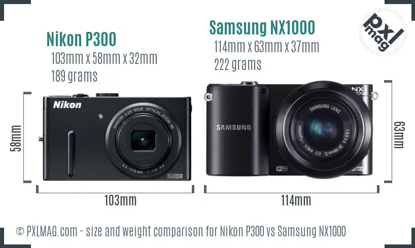 Nikon P300 vs Samsung NX1000 size comparison