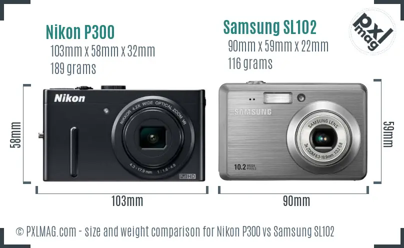 Nikon P300 vs Samsung SL102 size comparison