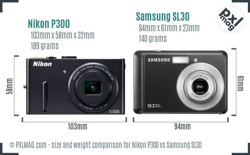 Nikon P300 vs Samsung SL30 size comparison