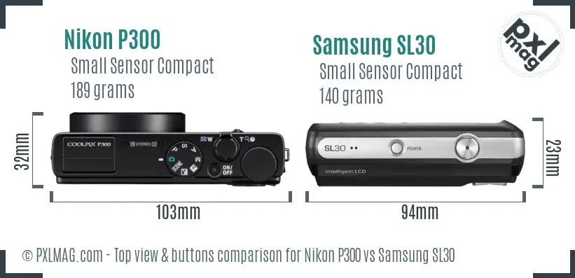 Nikon P300 vs Samsung SL30 top view buttons comparison