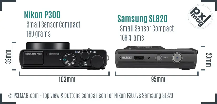 Nikon P300 vs Samsung SL820 top view buttons comparison Nikon P300 vs Samsung SL820 top view buttons comparison