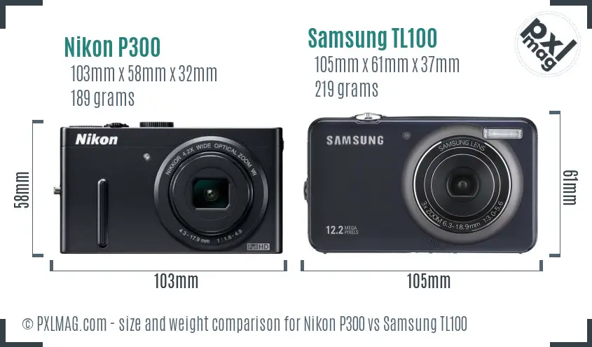 Nikon P300 vs Samsung TL100 size comparison