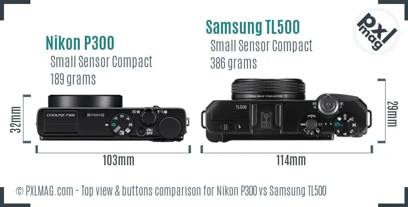 Nikon P300 vs Samsung TL500 top view buttons comparison