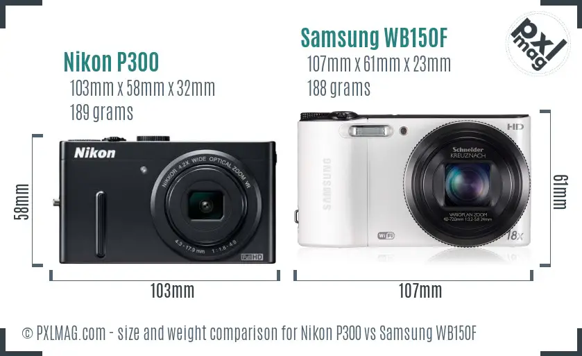 Nikon P300 vs Samsung WB150F size comparison