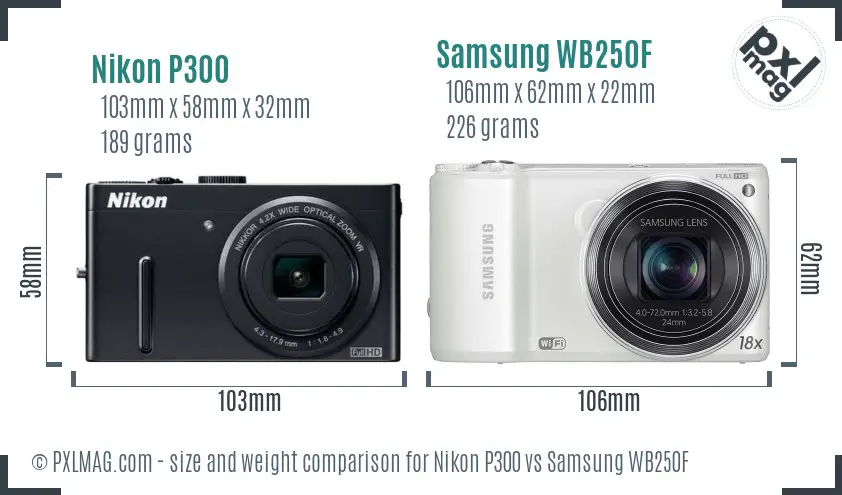 Nikon P300 vs Samsung WB250F size comparison