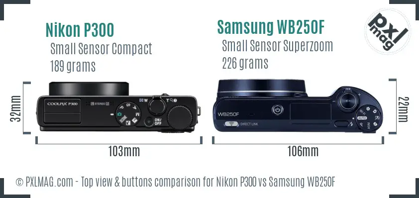 Nikon P300 vs Samsung WB250F top view buttons comparison