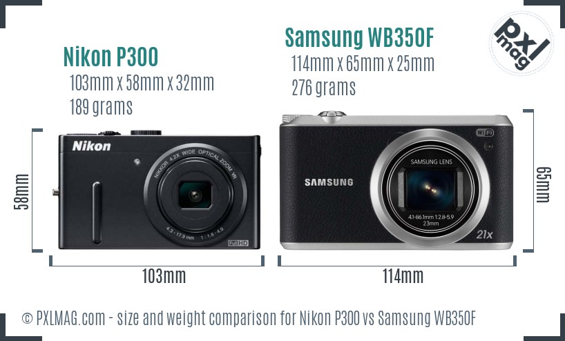 Nikon P300 vs Samsung WB350F size comparison