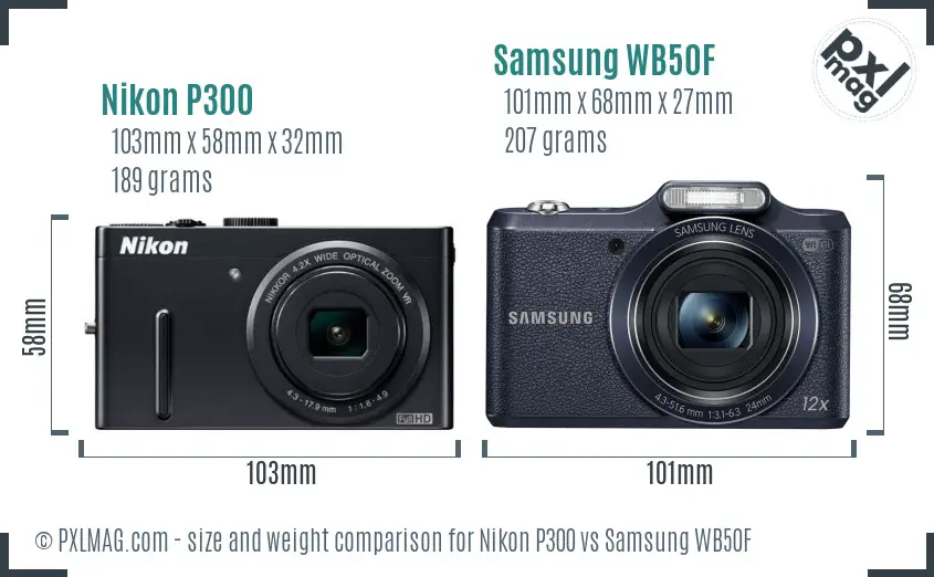 Nikon P300 vs Samsung WB50F size comparison