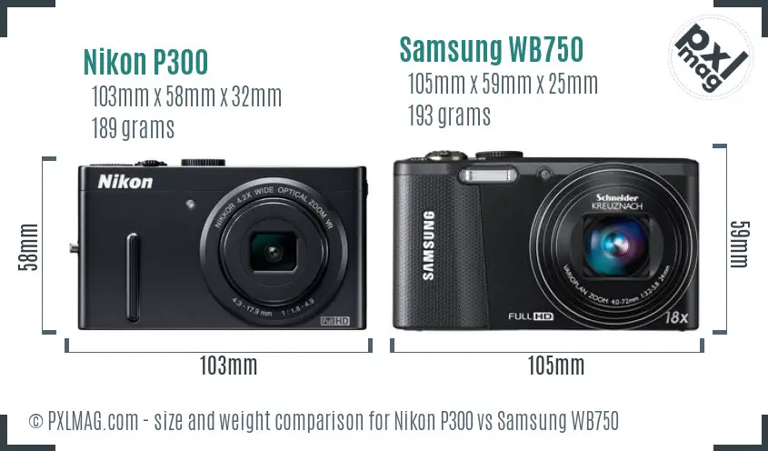 Nikon P300 vs Samsung WB750 size comparison