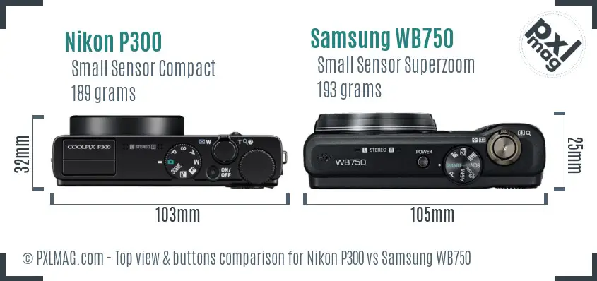 Nikon P300 vs Samsung WB750 top view buttons comparison
