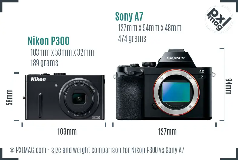 Nikon P300 vs Sony A7 size comparison