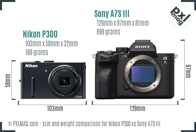 Nikon P300 vs Sony A7S III size comparison