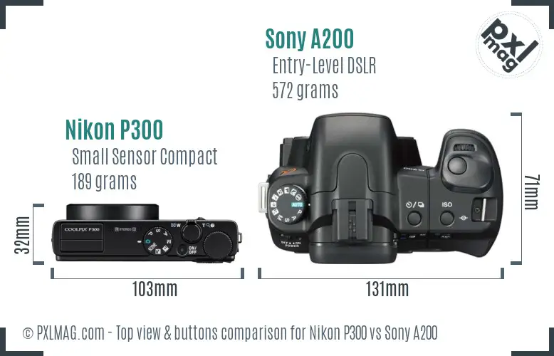 Nikon P300 vs Sony A200 top view buttons comparison