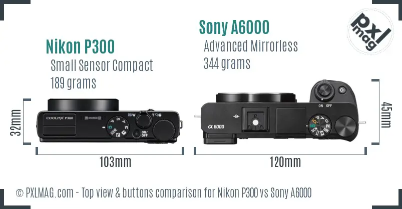 Nikon P300 vs Sony A6000 top view buttons comparison