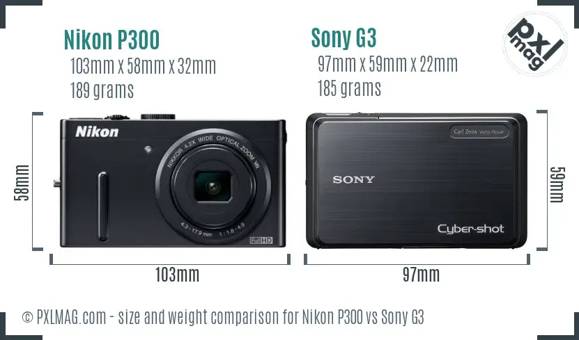 Nikon P300 vs Sony G3 size comparison