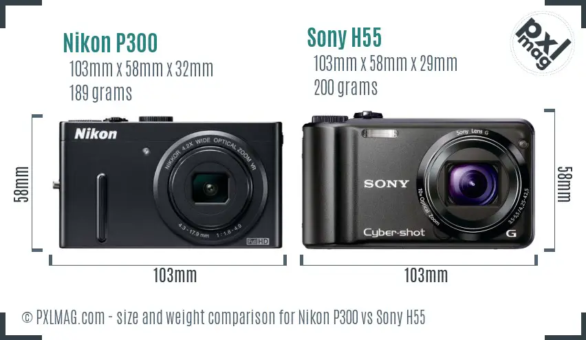Nikon P300 vs Sony H55 size comparison