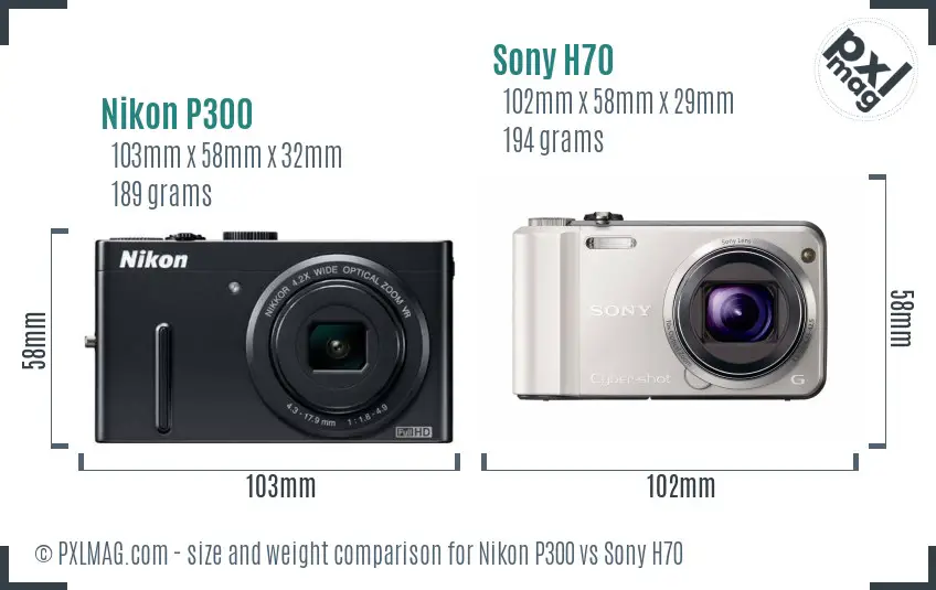 Nikon P300 vs Sony H70 size comparison