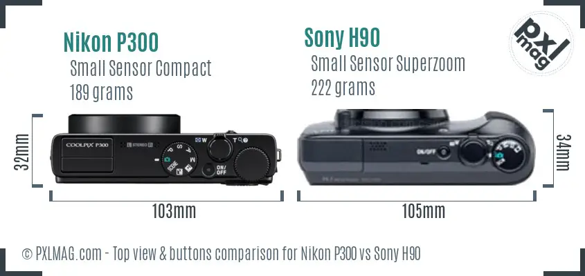 Nikon P300 vs Sony H90 top view buttons comparison