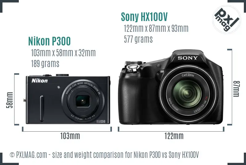 Nikon P300 vs Sony HX100V size comparison