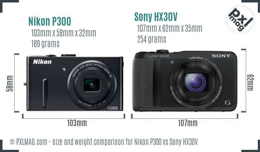 Nikon P300 vs Sony HX30V size comparison