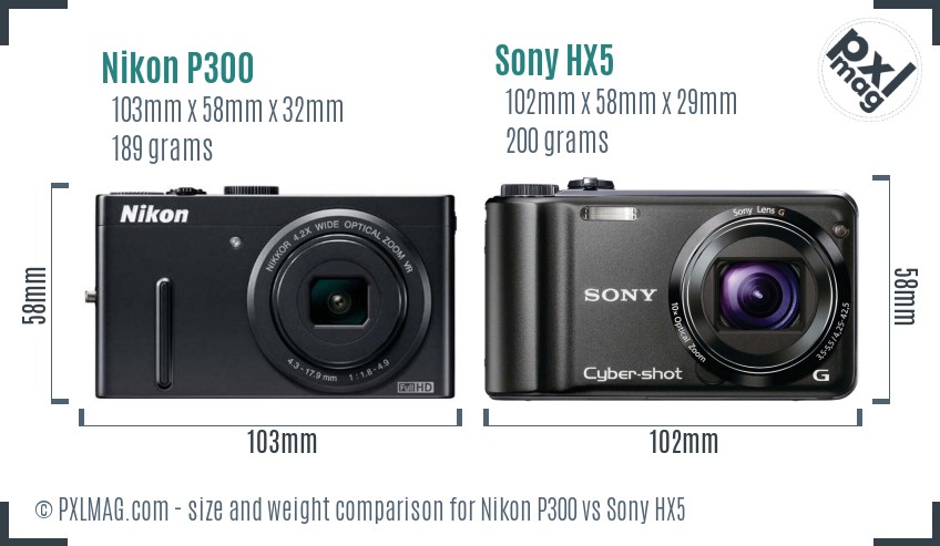 Nikon P300 vs Sony HX5 size comparison
