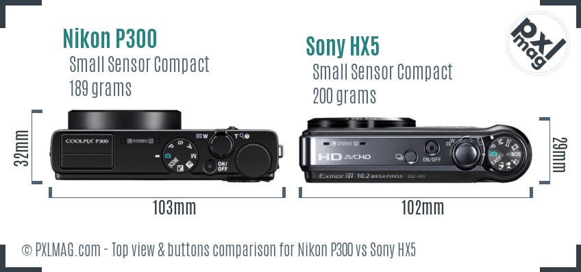 Nikon P300 vs Sony HX5 top view buttons comparison
