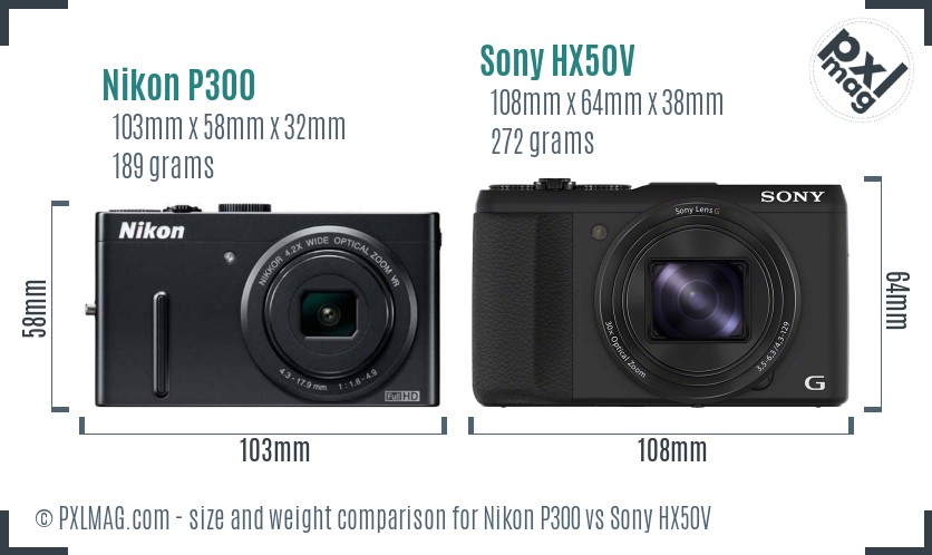 Nikon P300 vs Sony HX50V size comparison