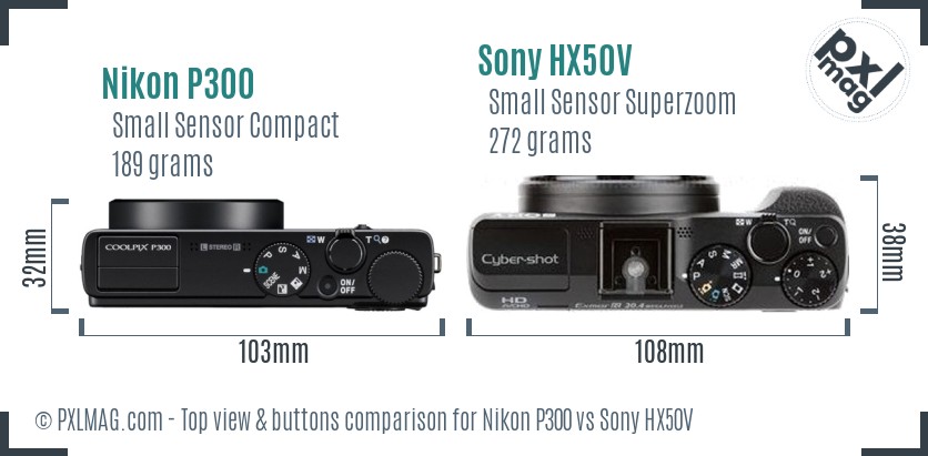 Nikon P300 vs Sony HX50V top view buttons comparison