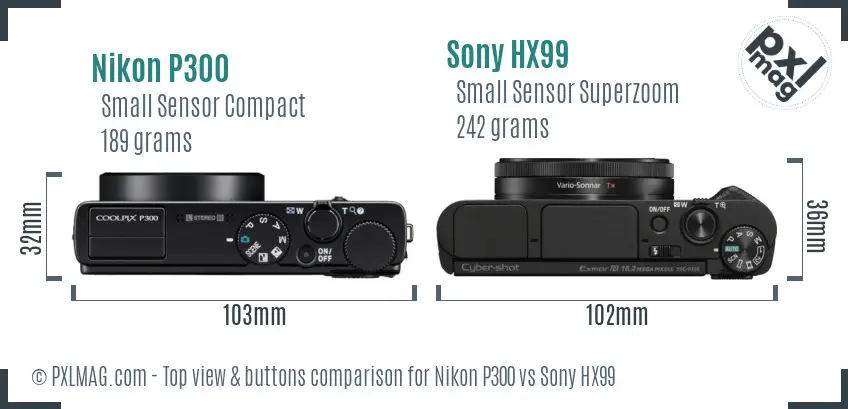 Nikon P300 vs Sony HX99 top view buttons comparison