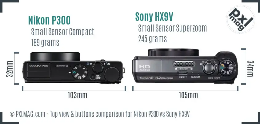 Nikon P300 vs Sony HX9V top view buttons comparison Nikon P300 vs Sony HX9V top view buttons comparison