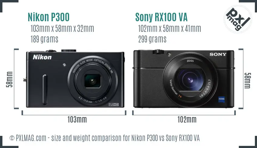Nikon P300 vs Sony RX100 VA size comparison