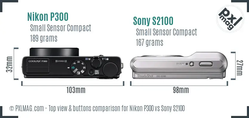 Nikon P300 vs Sony S2100 top view buttons comparison Nikon P300 vs Sony S2100 top view buttons comparison