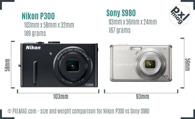 Nikon P300 vs Sony S980 size comparison