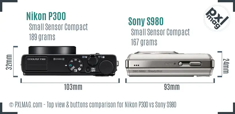 Nikon P300 vs Sony S980 top view buttons comparison