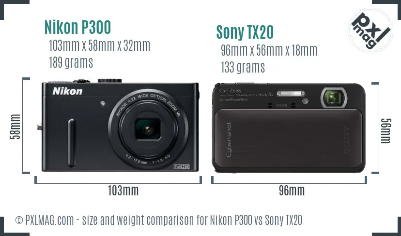Nikon P300 vs Sony TX20 size comparison