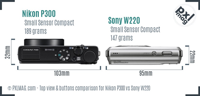 Nikon P300 vs Sony W220 top view buttons comparison